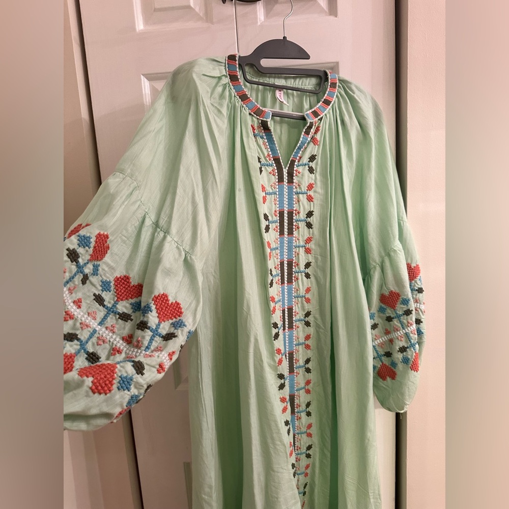 Ethnic Boho Chic Embroidered Maxi Dress | Green Floral Folk Aesthetic Size L - Picture 5 of 9